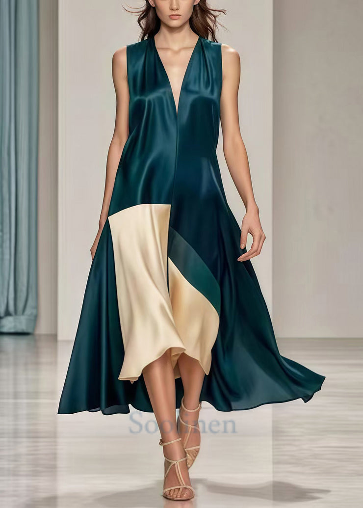 Art Blackish Green V Neck Patchwork Draping Silk Dress Summer