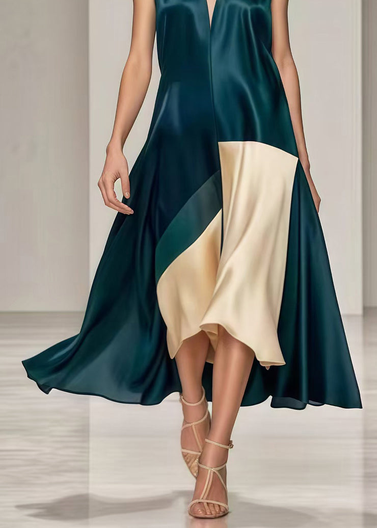 Art Blackish Green V Neck Patchwork Draping Silk Dress Summer