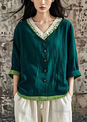 Art Blackish Green V Neck Patchwork Linen Top Summer