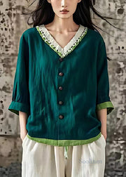 Art Blackish Green V Neck Patchwork Linen Top Summer