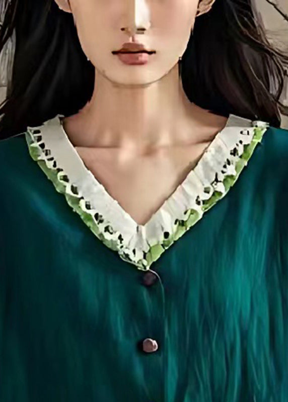 Art Blackish Green V Neck Patchwork Linen Top Summer