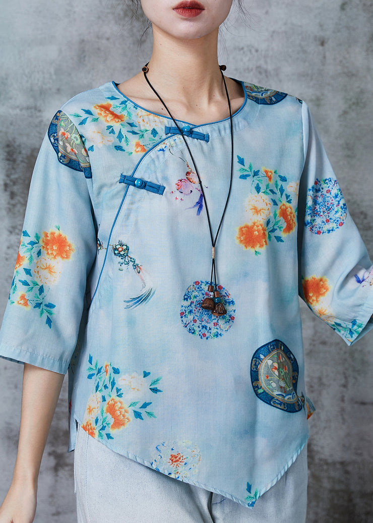 Art Blue Asymmetrical Print Linen Oriental Shirts Summer