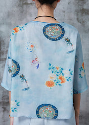 Art Blue Asymmetrical Print Linen Oriental Shirts Summer