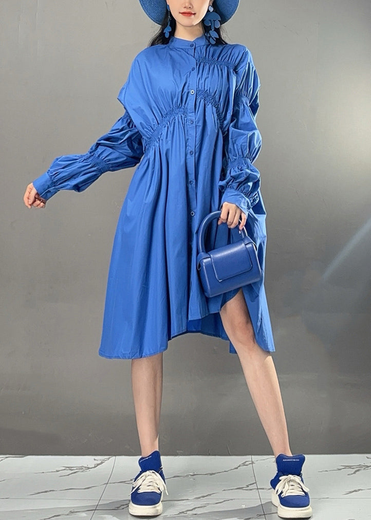 Art Blue Asymmetrical Wrinkled Button Cotton Dress Fall