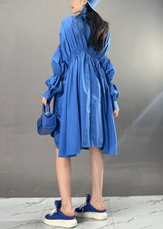 Art Blue Asymmetrical Wrinkled Button Cotton Dress Fall