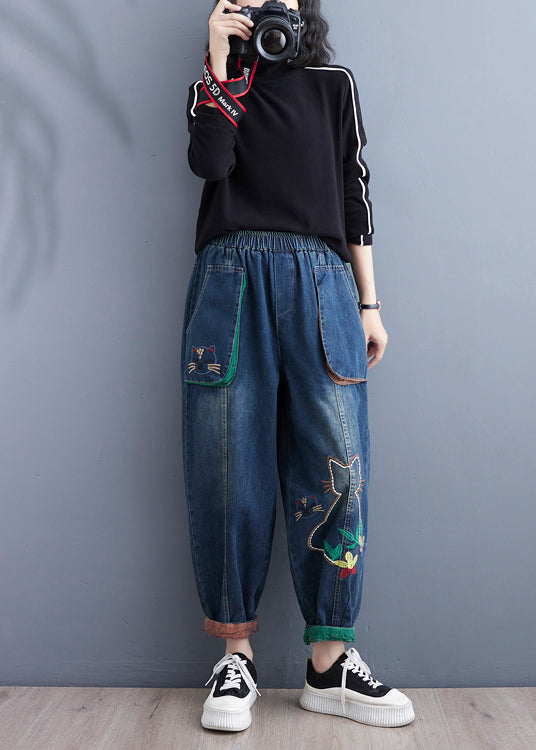 Art Blue Cartoon Embroideried Pockets Elastic Waist Denim Pants Spring