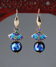 Art Blue Copper Cloisonne Coloured Glaze Fan Drop Earrings