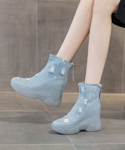 Art Blue Cotton Fabric Splicing Zipper Wedge Cowboy Boots