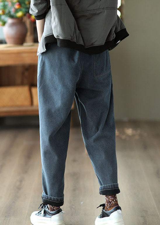 Art Blue Elastic Waist Patchwork Thick Warm Fleece Denim Pants Trousers Winter