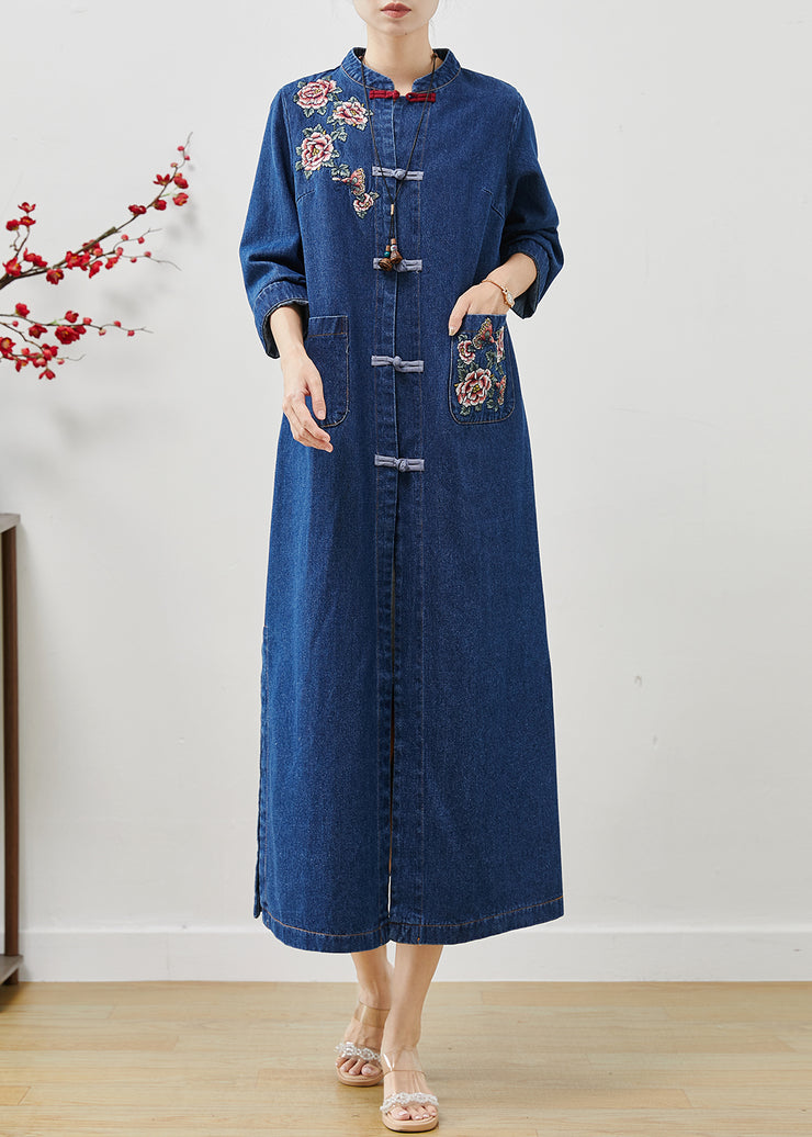 Art Blue Embroidered Floral Chinese Button Denim Trench Fall