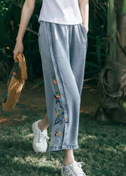 Art Blue Embroideried Pockets Patchwork Denim Wide Leg Pants Summer