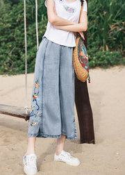 Art Blue Embroideried Pockets Patchwork Denim Wide Leg Pants Summer