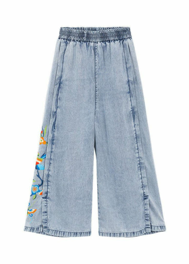 Art Blue Embroideried Pockets Patchwork Denim Wide Leg Pants Summer