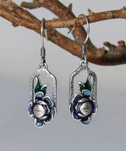 Art Blue Lotus Patchwork Silver Drop Earrings