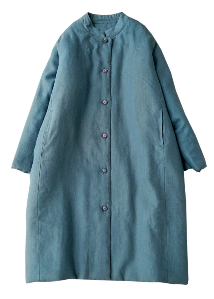 Art Blue Mandarin Collar Thick Fine Cotton Filled Long Coats Winter