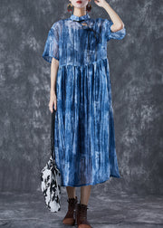 Art Blue Mandarin Collar Tie Dye Lace Up Dress Summer