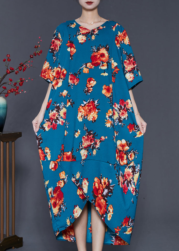 Art Blue Oversized Flower Front Open Cotton Long Dress Summer