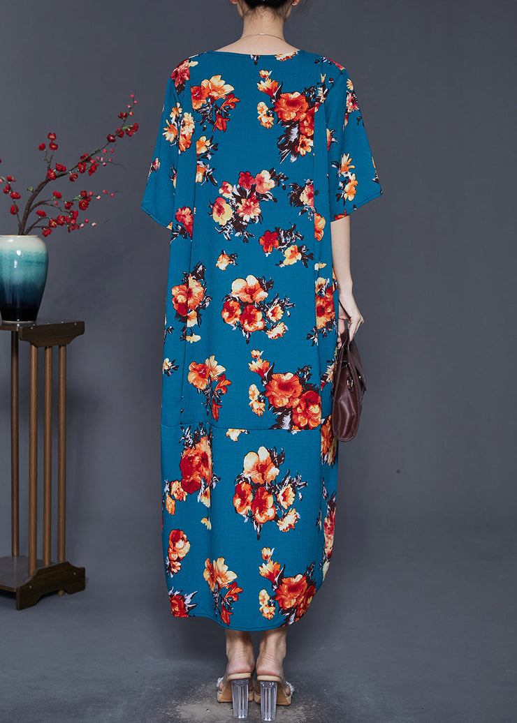 Art Blue Oversized Flower Front Open Cotton Long Dress Summer