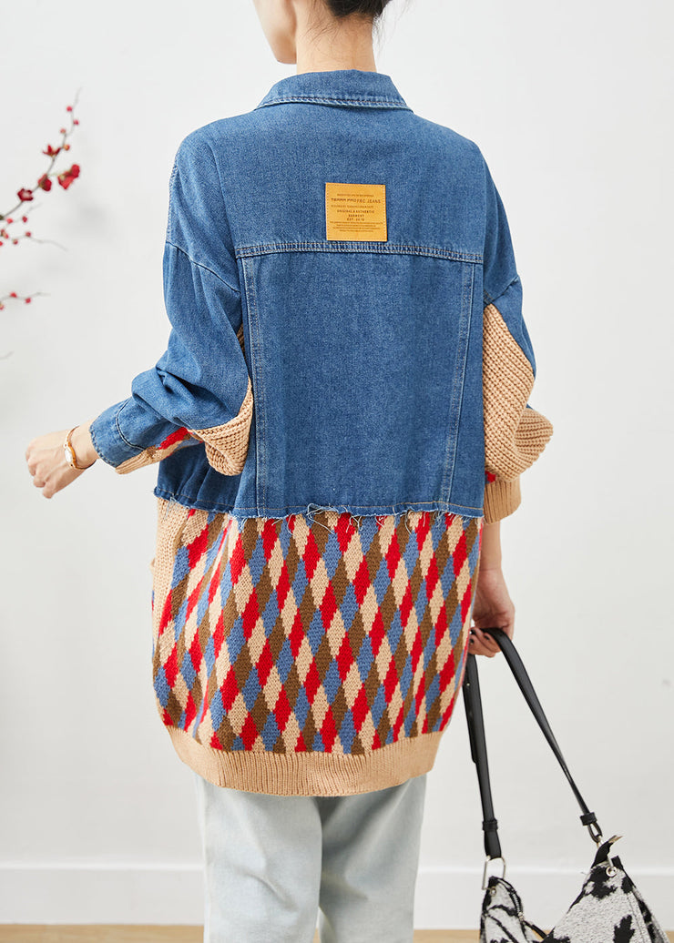 Art Blue Oversized Patchwork Pockets Denim Jacket Fall