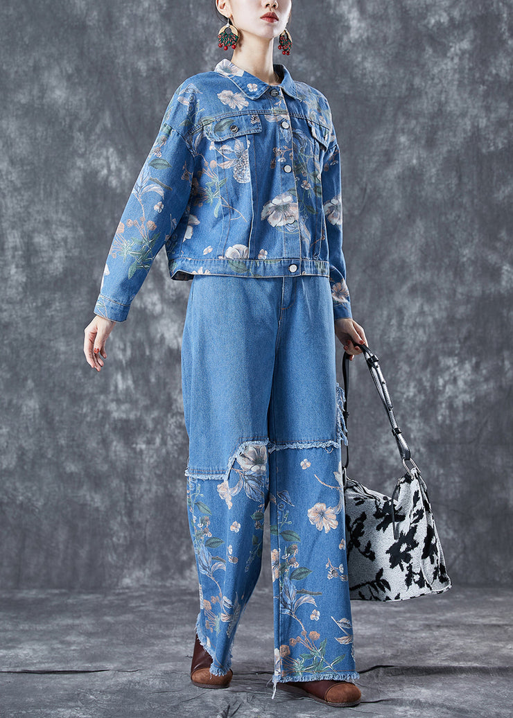 Art Blue Oversized Patchwork Print Denim Two-Piece Set Spring