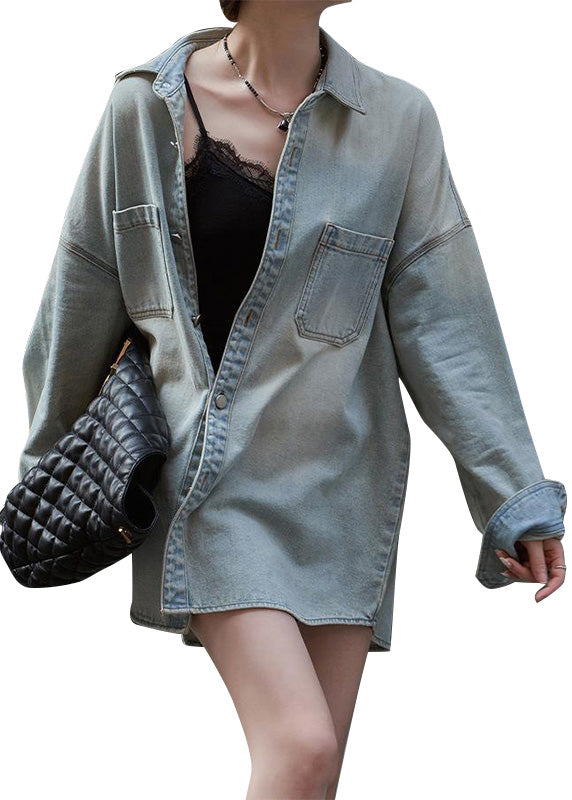 Art Blue Peter Pan Collar Patchwork Button Denim Coats Long Sleeve