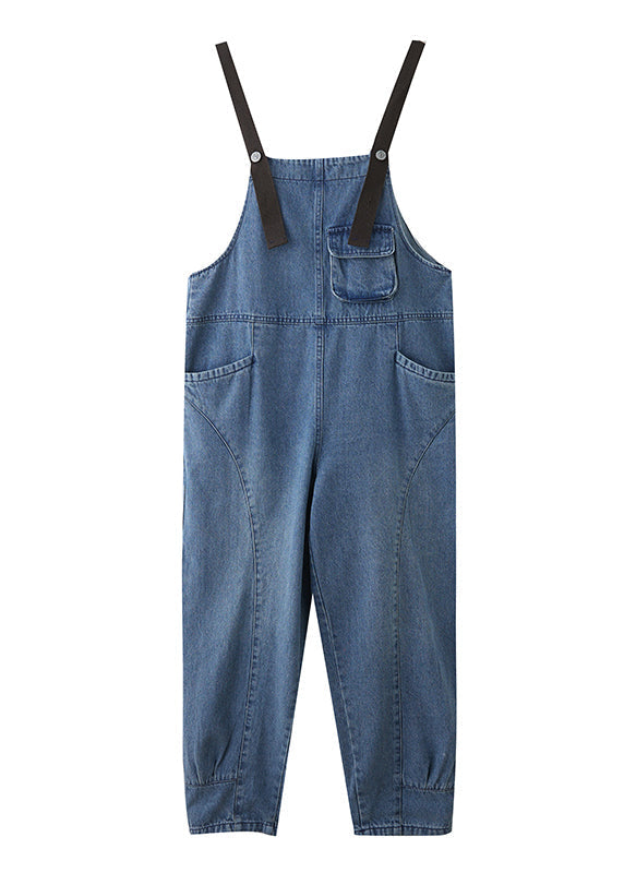 Art Blue Pockets Patchwork Denim Strap Jumpsuits Spring