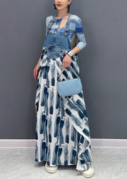 Art Blue Print Pockets Patchwork Long Dress Sleeveless