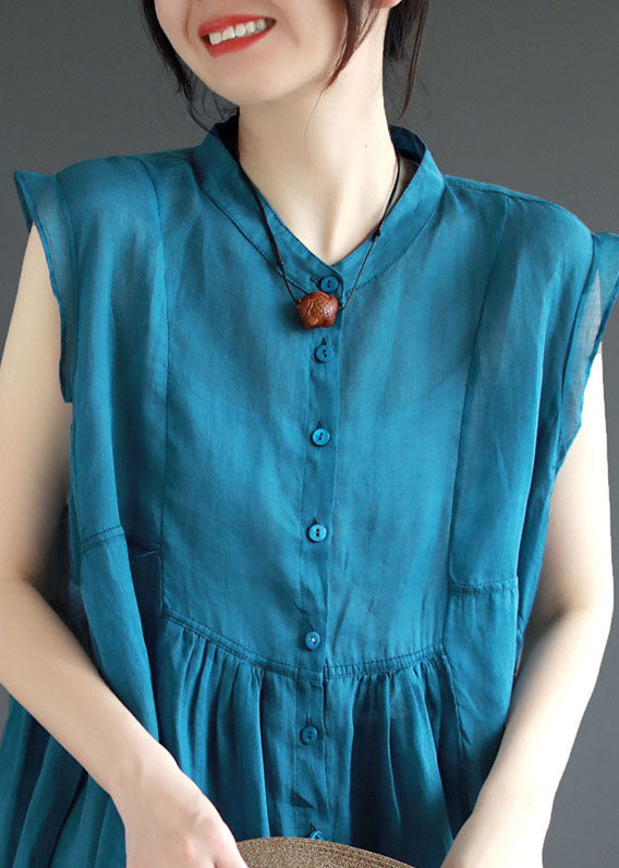 Art Blue Stand Collar Wrinkled Patchwork Linen Top Sleeveless