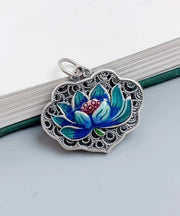 Art Blue Sterling Silver Copper Cloisonne Lotus Pendant Necklace