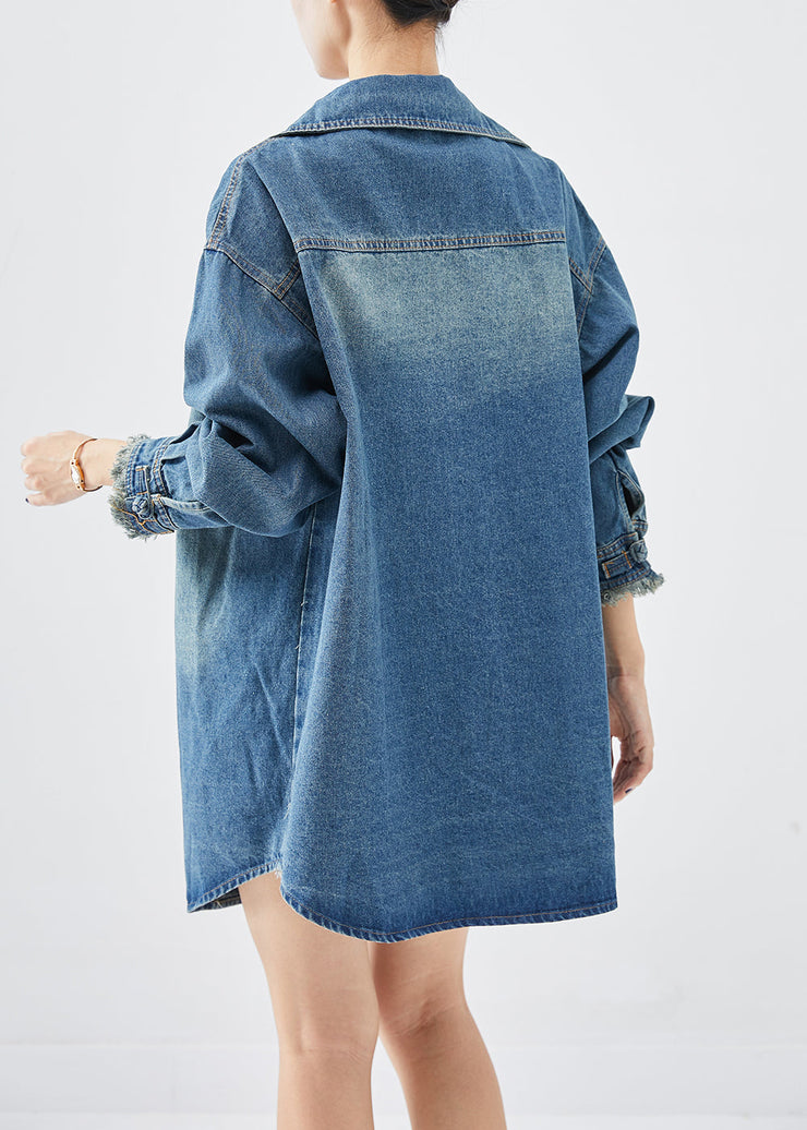 Art Blue Tasseled Chinese Button Denim Coats Fall