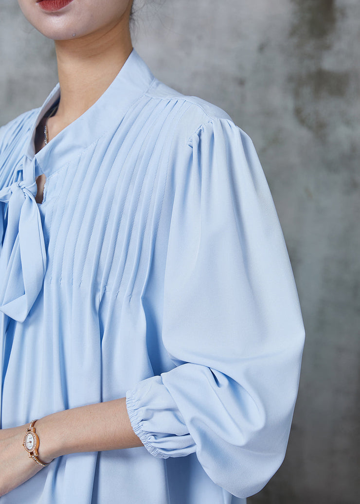 Art Blue Tie Up Wrinkled Cotton Blouse Top Spring