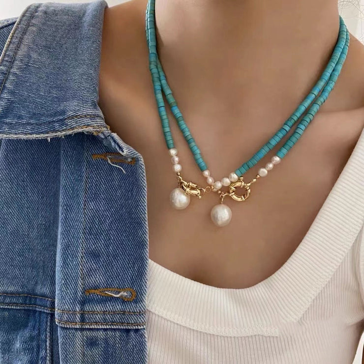 Art Blue Turquoise Double Layer Pearl Pendant Necklace