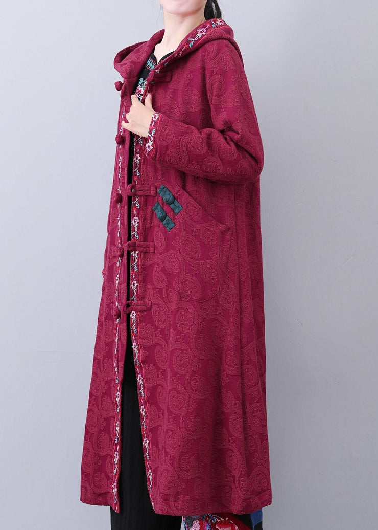 Art Brick Red Hooded Embroideried Jacquard Long Coat Fall