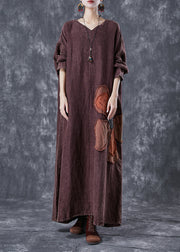 Art Brick Red Oversized Patchwork Applique Linen Ankle Dress Batwing Sleeve