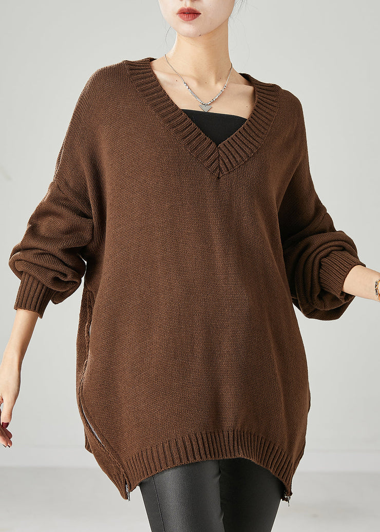 Art Brown V Neck Zippered Knit Sweater Tops Spring