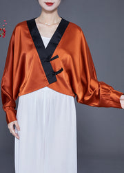 Art Caramel Oversized Patchwork Chinese Button Silk Shirt Spring