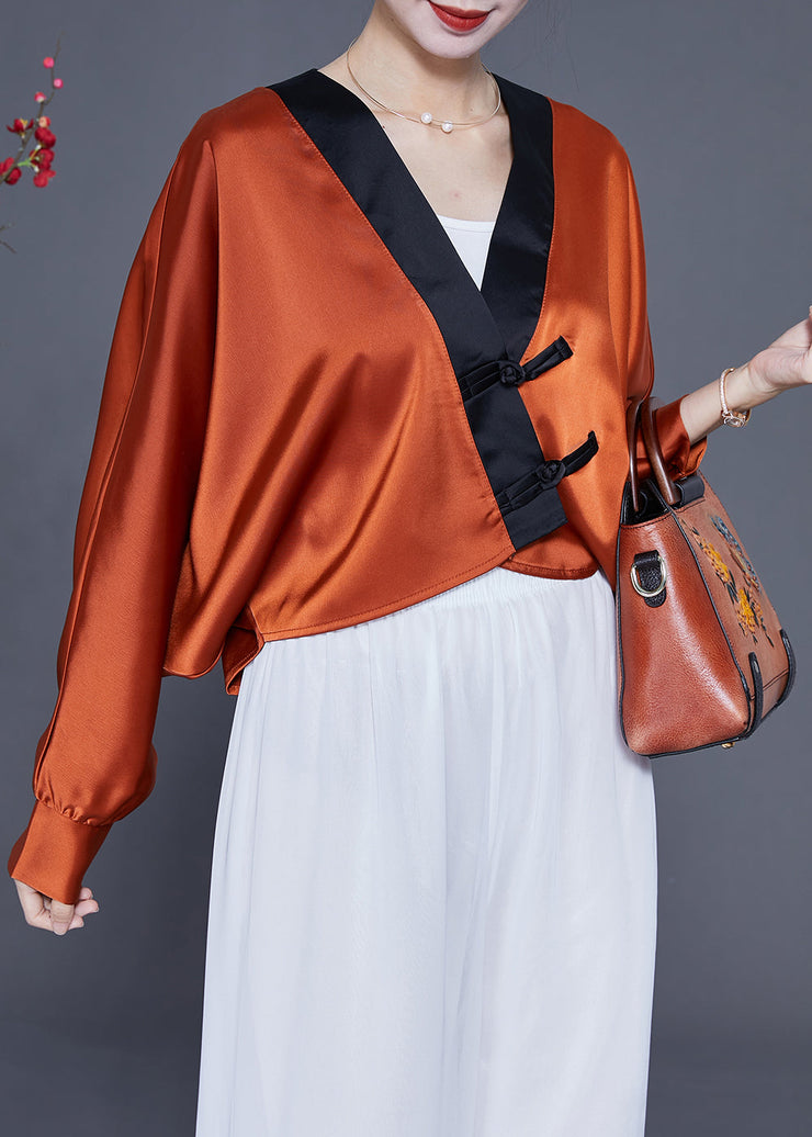 Art Caramel Oversized Patchwork Chinese Button Silk Shirt Spring