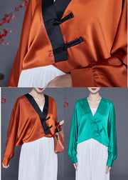 Art Caramel Oversized Patchwork Chinese Button Silk Shirt Spring