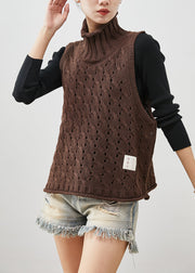 Art Chocolate Turtle Neck Hollow Out Knit Vests Spring