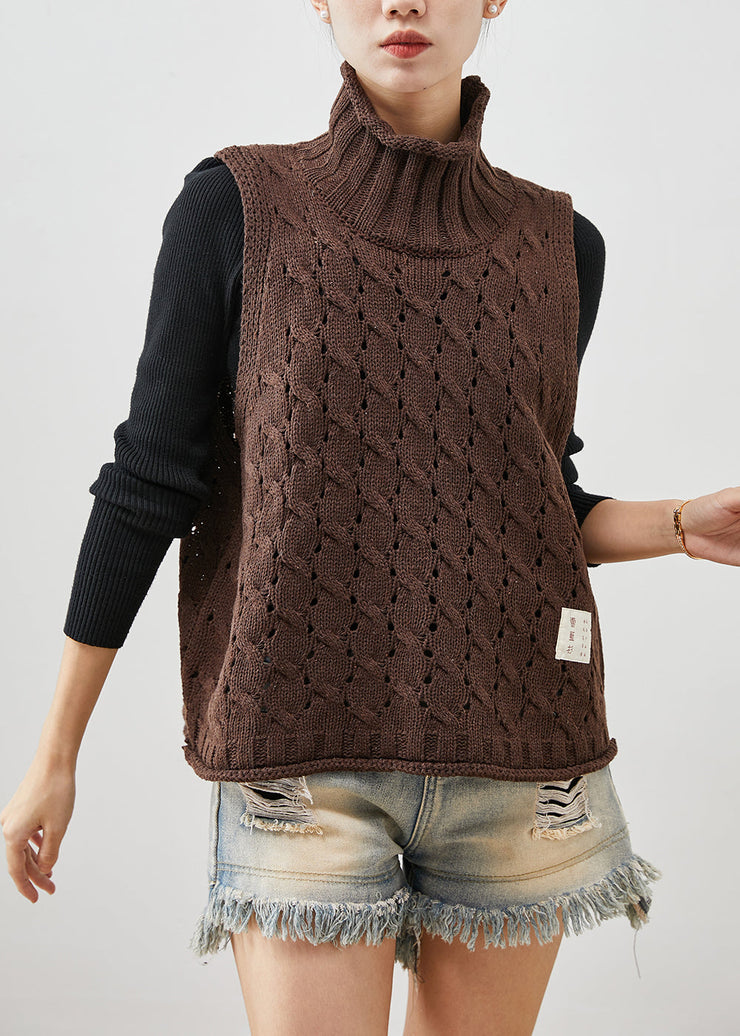 Art Chocolate Turtle Neck Hollow Out Knit Vests Spring