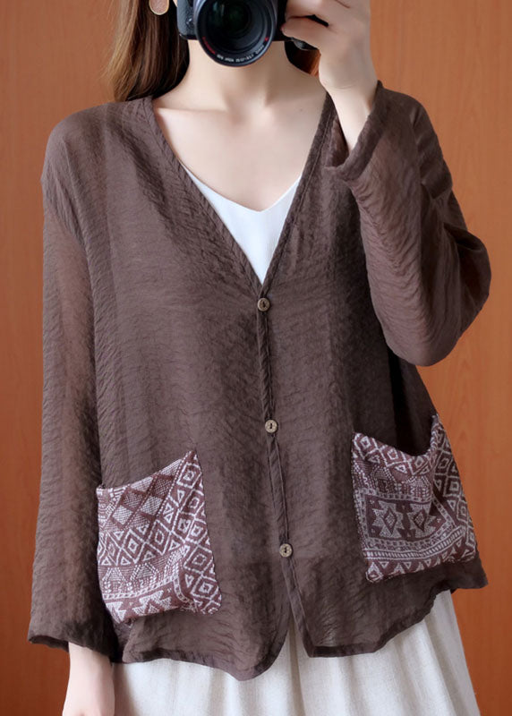 Art Chocolate V Neck Patchwork Pockets Linen Shirt Tops Spring