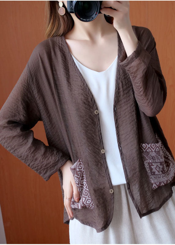 Art Chocolate V Neck Patchwork Pockets Linen Shirt Tops Spring