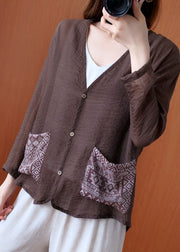 Art Chocolate V Neck Patchwork Pockets Linen Shirt Tops Spring