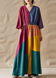 Art Colorblock Elastic Waist Patchwork Cotton Dresses Summer