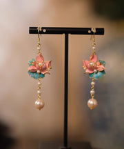 Art Colorblock Sterling Silver Overgild Pearl Lotus Flowers Tassel Drop Earrings