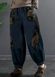 Art Denim Blue Elastic Waist Print Pockets Cotton Harem Pants Trousers Fall