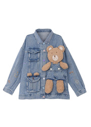 Art Denim Blue Peter Pan Collar Patchwork Little Bear Button Coats Fall