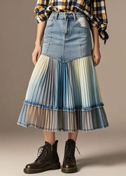 Art Denim Blue Wraped Patchwork Tie Dye Pleated Skirts Fall