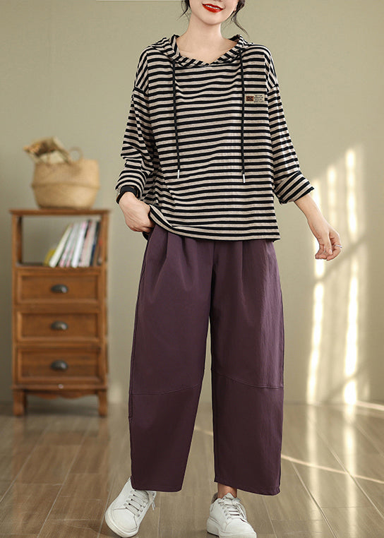 Art Dull Purple Elastic Waist Oversized Cotton Pants Fall