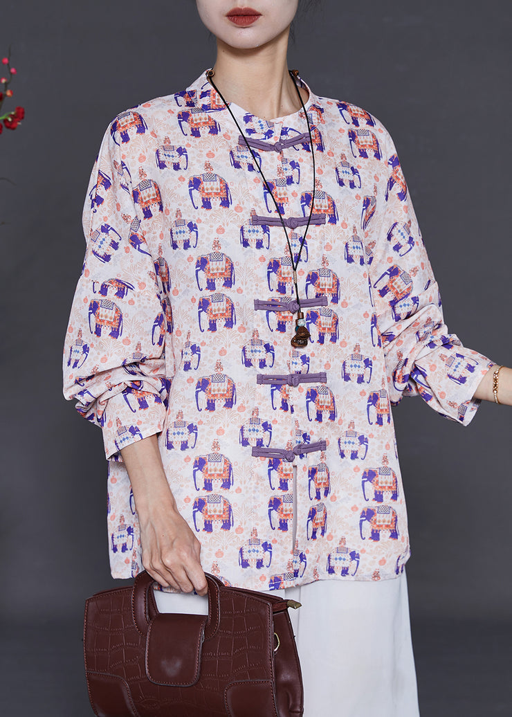 Art Elephant Print Linen Oriental Shirt Tops Summer